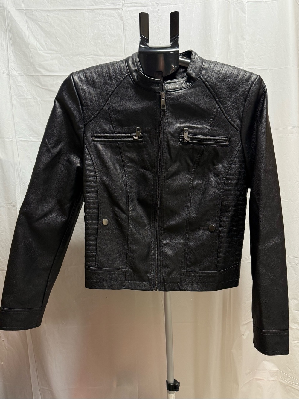 FAHSYEE Black Faux Leather Moto Jacket Quilted Biker Zip Front Medium